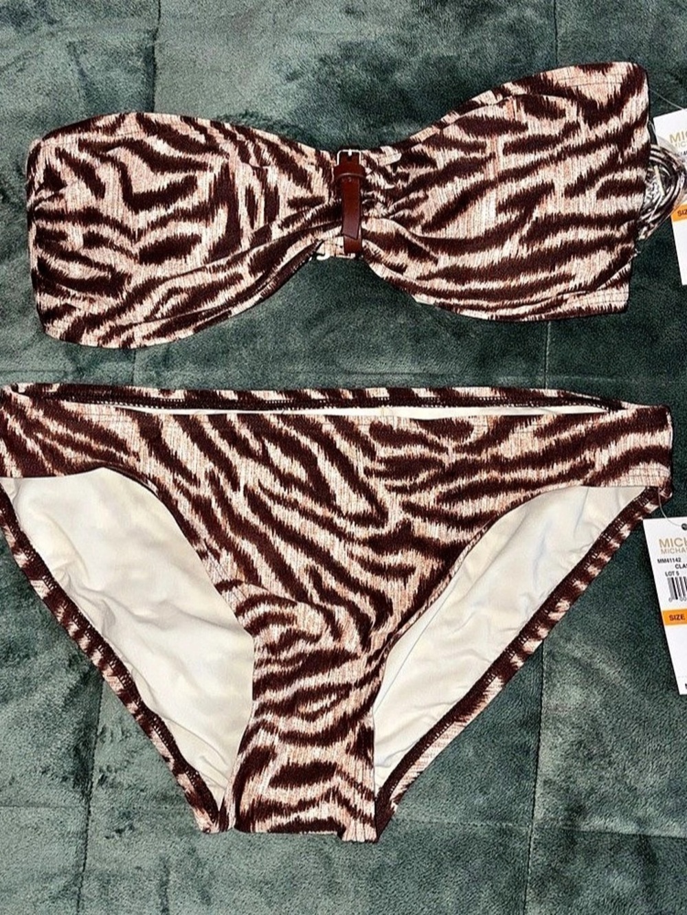 Michael Kors Animal Print Belted Bandeau Bikini Set Brown & cream Small
